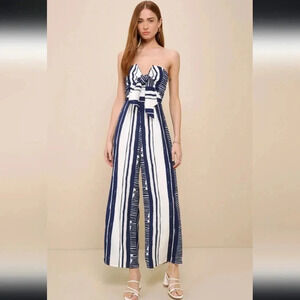 NWT Lulus Delphi Blue and White Striped Tie-Front Strapless Jumpsuit Size Small